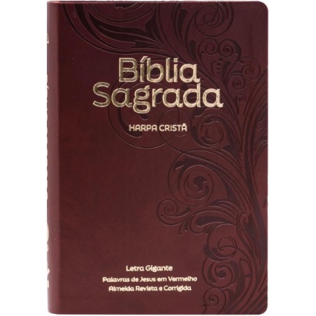 Bíblia Sagrada com harpa cristã, letra gigante e palavras de Jesus em vermelho  - Vinho