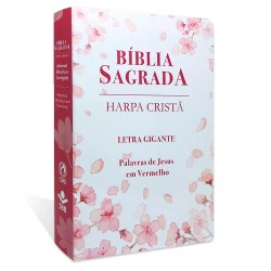 Bíblia Sagrada Feminina Com Harpa Letra Gigante Palavras Jesus Vermelho Capa Flores Cerejeira